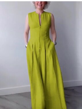 Sleeveless Lime Maxi Dress with Front Zip and Pleated Skirt